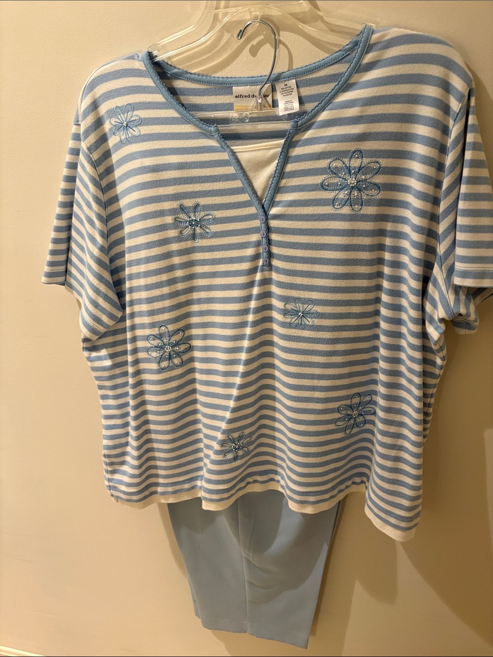 Alfred Dunner Light Blue & White Striped Floral Embroidered Short Sleeve Top